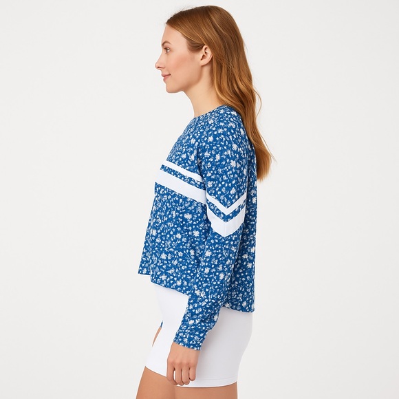 ADDISON BAY Lombard Crew Neck Pullover Top Courtside Blue Floral Cotton Sm NEW - Picture 2 of 14